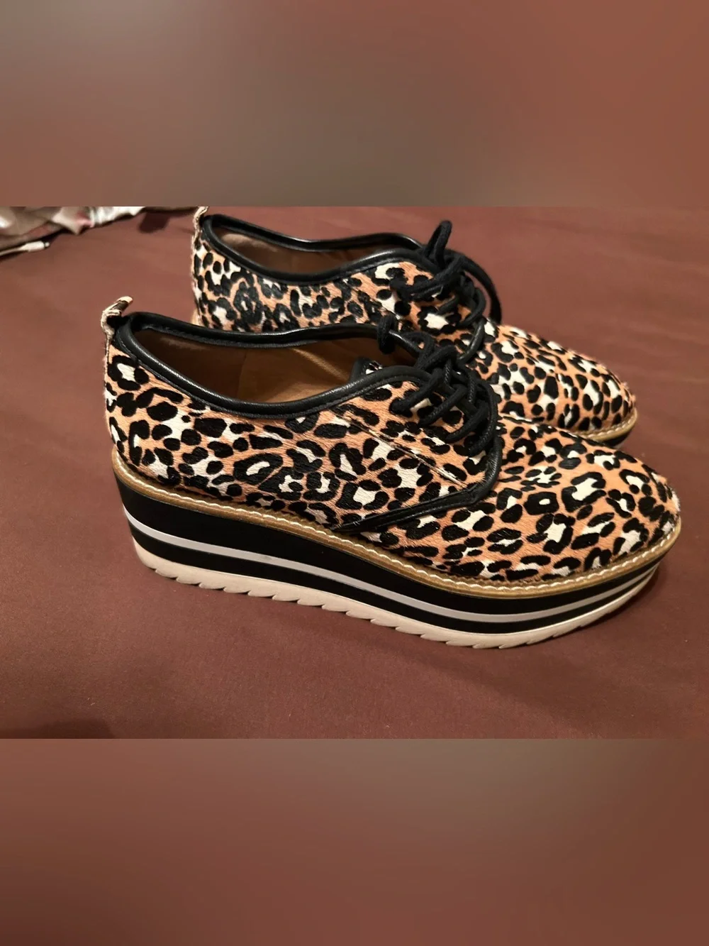 Giani Bini calf-hair leopard print, black/white stacked sole sz9 slaede oxford